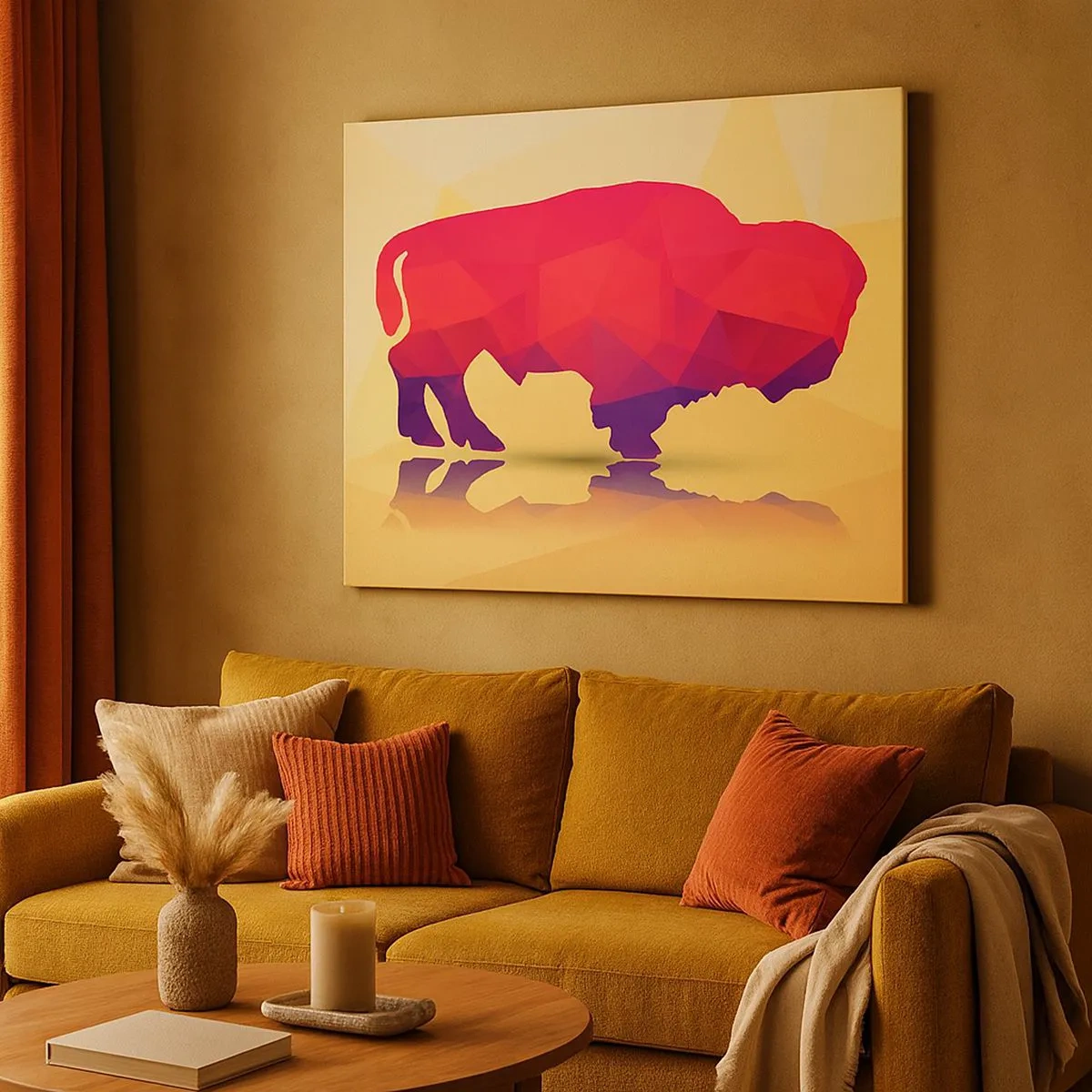Lærredstryk - Billede på lærred - Geometrisk silhuet af en bison i nuancer af rød og lilla - 70x50cm - Bisonens amarantstyrke - Moderne vægdekoration til stue og soveværelse ARTTOR