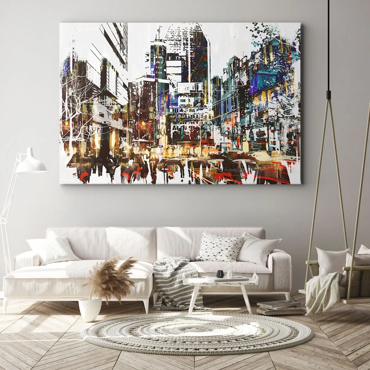 Lærredstryk - Billede på lærred - Et moderne bylandskab i kunstnerisk stil - 70x50cm - Flimrende by - Moderne vægdekoration til stue og soveværelse ARTTOR