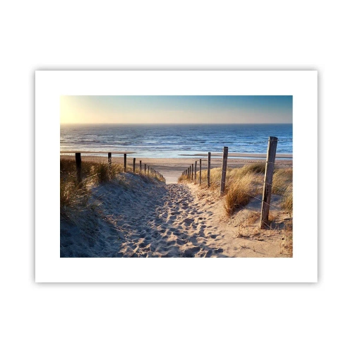 Plakat - Havet brummer, fuglene synger, en vild strand midt i græsset.... - 40x30 cm