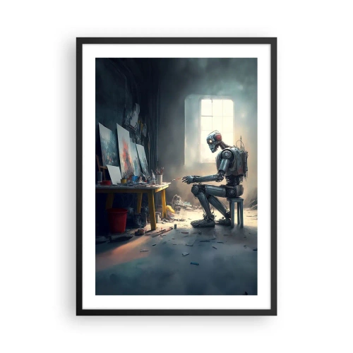 Plakat i sort ramme - Robotkunstner maler billeder i sit atelier - 50x70cm - Den skabende handling - Moderne vægdekoration til stue og soveværelse ARTTOR