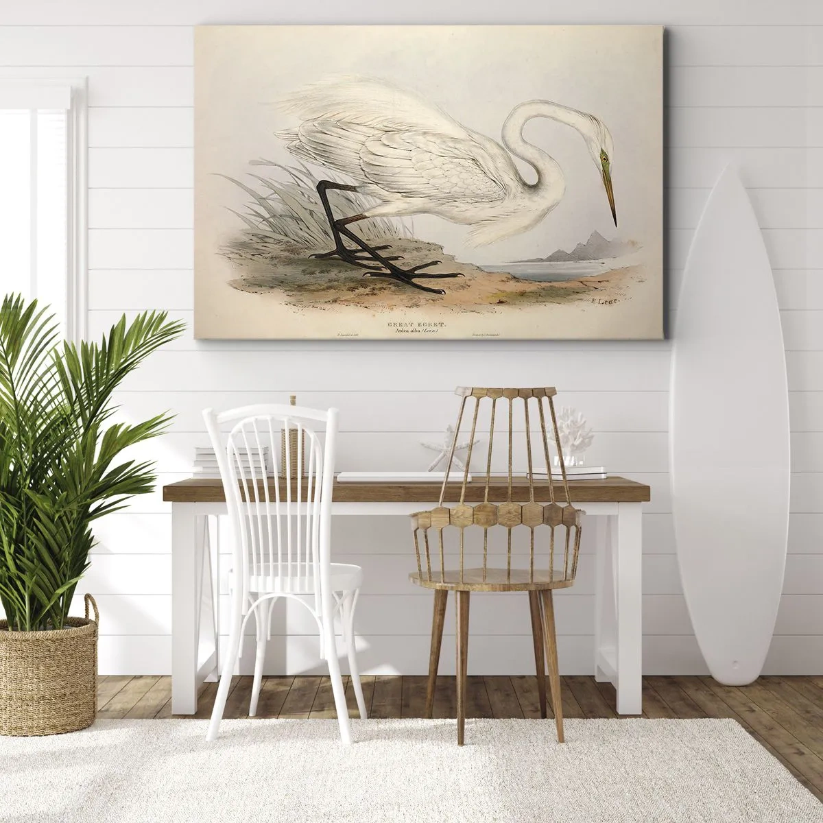 Lærredstryk - Billede på lærred - Tegning af en hvid hejre mod en naturlig landskabsbaggrund - 70x50cm - Dame på sivene - Moderne vægdekoration til stue og soveværelse ARTTOR
