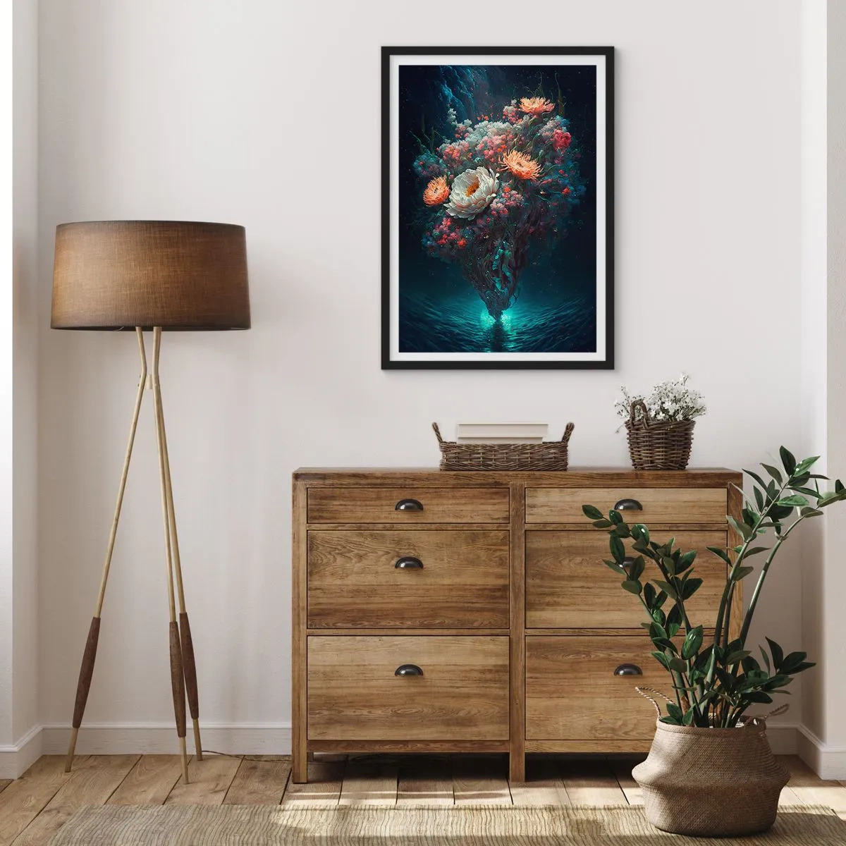 Plakat i sort ramme - Et magisk blomsterarrangement, der svæver over vandet - 50x70cm - Mærkelig have - Moderne vægdekoration til stue og soveværelse ARTTOR