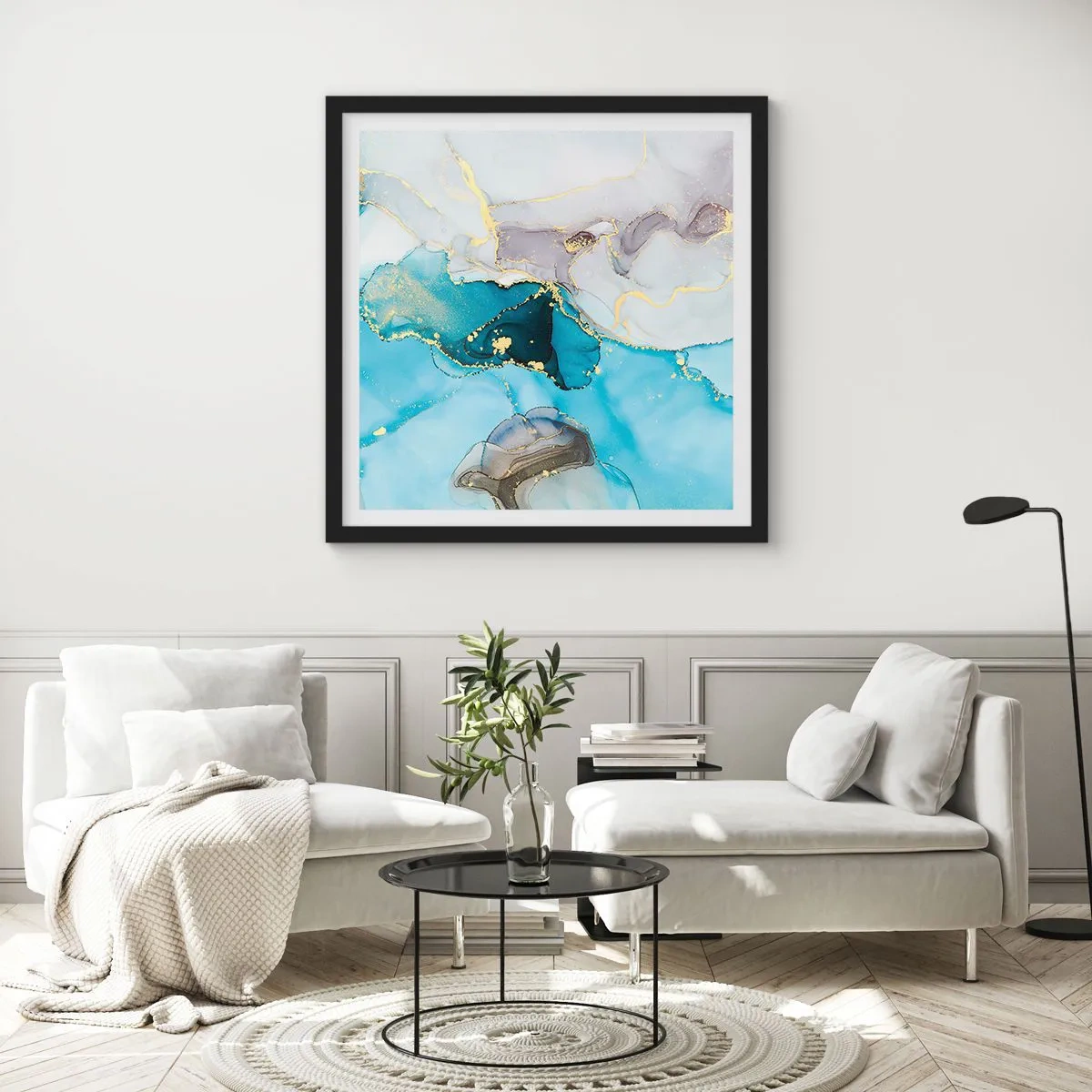 Plakat i sort ramme - En undersøgelse af mødet mellem grå og turkis - 30x30 cm