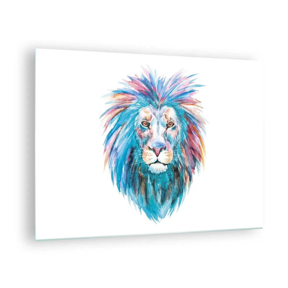 Billede på glas - Farverigt portræt af en løve i kunstnerisk stil - 70x50cm - En elektrificerende aura - Moderne vægdekoration til stue og soveværelse ARTTOR