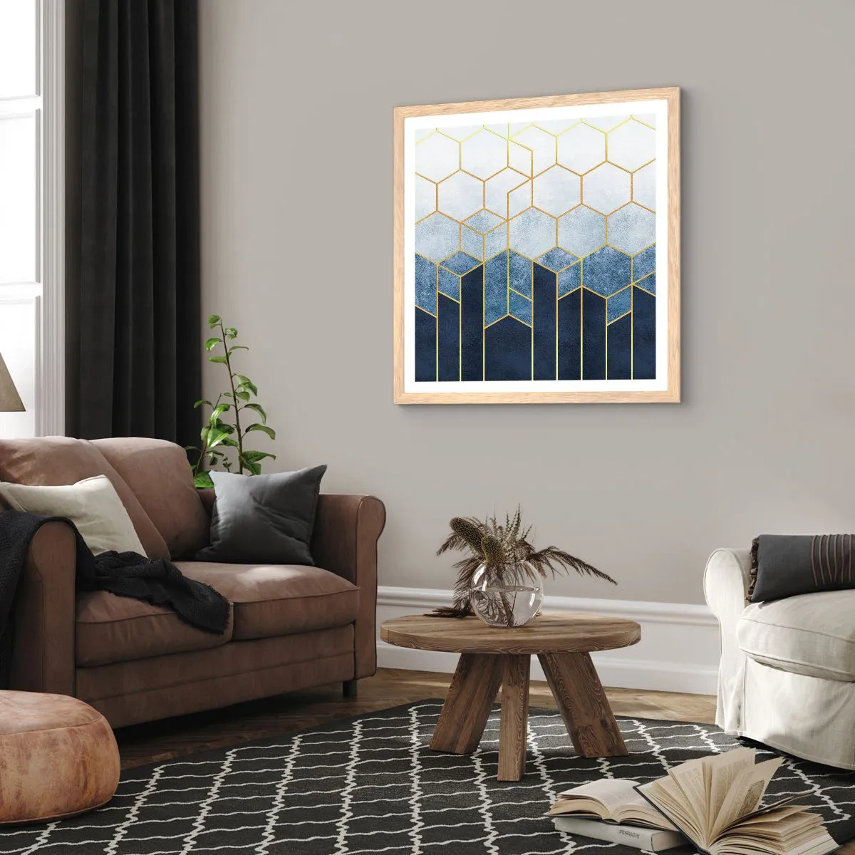 Plakat i ramme af lyst egetræ - Komposition i synkoperet rytme - 30x30 cm