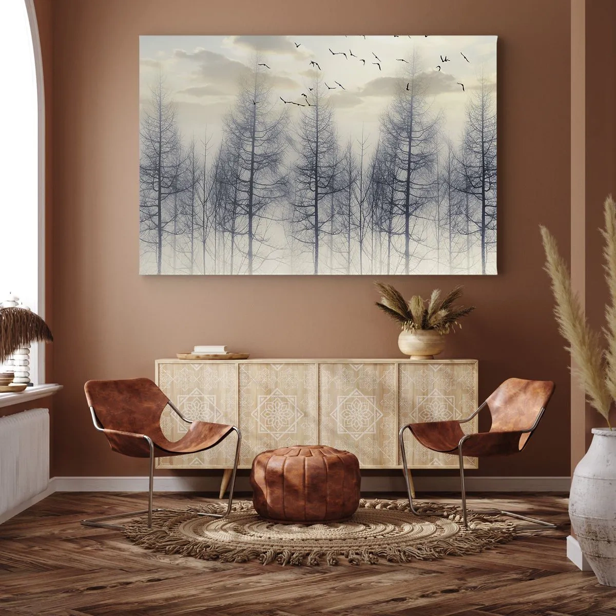 Lærredstryk - Billede på lærred - Tåget skov med fugle mod solnedgangshimmelen - 70x50cm - Skovånder - Moderne vægdekoration til stue og soveværelse ARTTOR