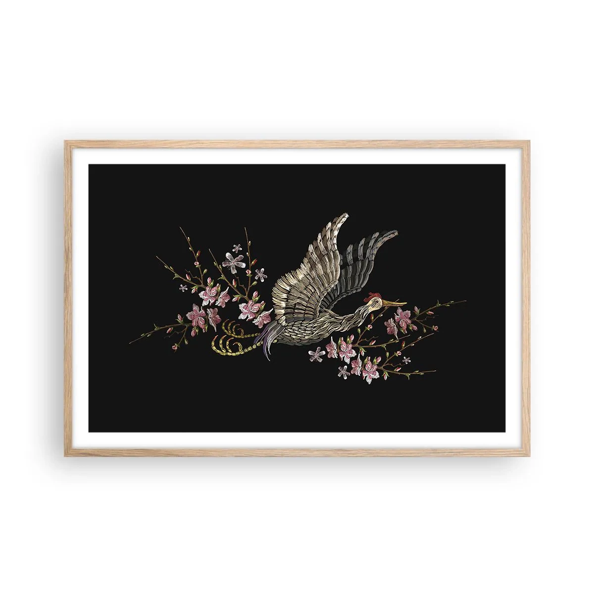 Plakat i ramme af lyst egetræ - Eksotisk broderet fugl - 91x61 cm