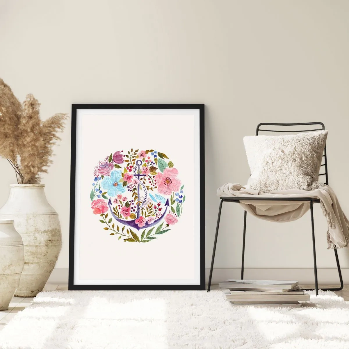 Plakat i sort ramme - Et akvarel anker omgivet af blomster på en lys baggrund. - 50x70cm - En sømands gode nattesøvn - Moderne vægdekoration til stue og soveværelse ARTTOR