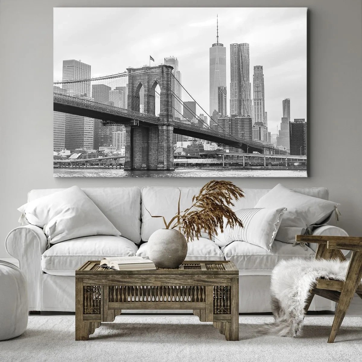 Lærredstryk - Billede på lærred - Brooklyn Bridge med New Yorks skyskrabere i baggrunden - 70x50cm - New York stemning - Moderne vægdekoration til stue og soveværelse ARTTOR