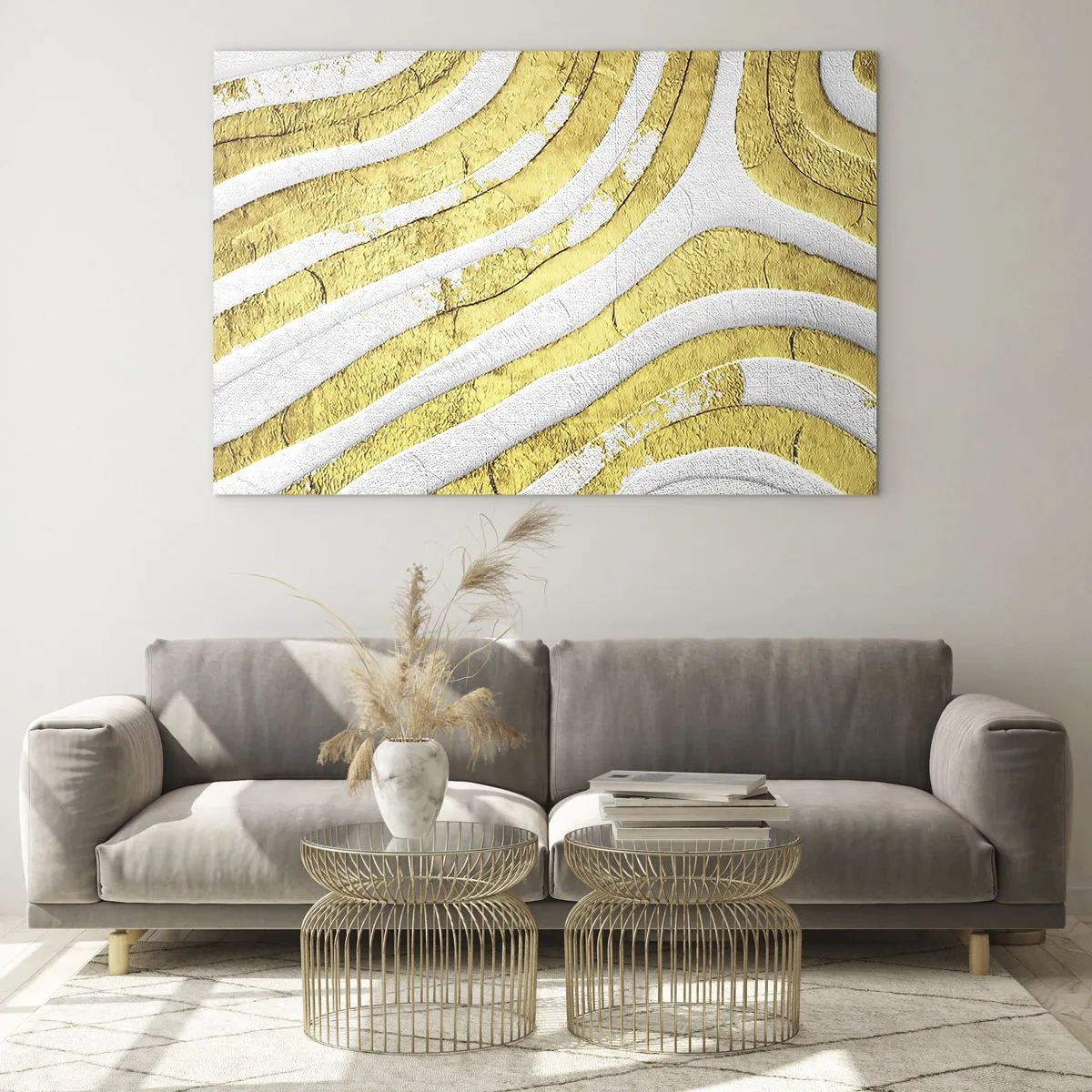 Billede på glas - Abstrakte guld- og hvide bølger med en tekstureret effekt - 70x50cm - Sammensætning i hvidt og guld - Moderne vægdekoration til stue og soveværelse ARTTOR