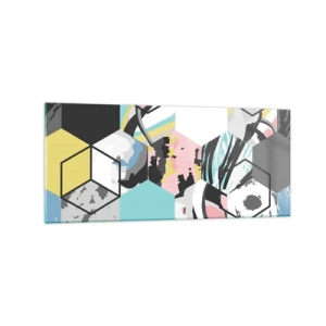 Billede på glas - Sekskanter og terninger i seks farver - 120x50 cm