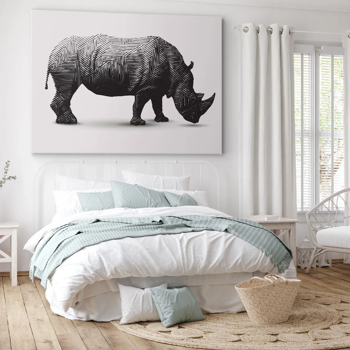Lærredstryk - Billede på lærred - Grafisk silhuet af et næsehorn i et sort-hvidt mønster - 70x50cm - Naturens geometriske skønhed - Moderne vægdekoration til stue og soveværelse ARTTOR