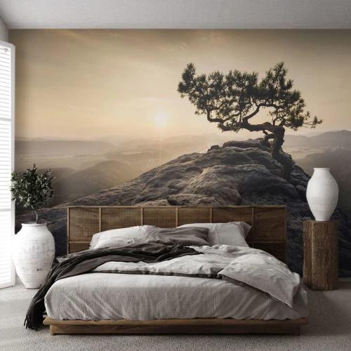 Fototapet Premium Sand - Livet vinder altid - Bjerglandskab, Fyrretræ, Bjerge - 100x70 cm