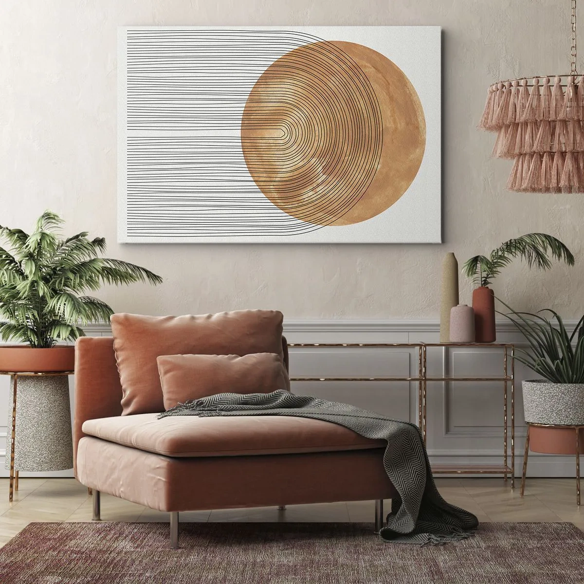 Lærredstryk - Billede på lærred - Geometrisk komposition med cirkler og linjer i varme farver. - 70x50cm - En solrig komposition - Moderne vægdekoration til stue og soveværelse ARTTOR
