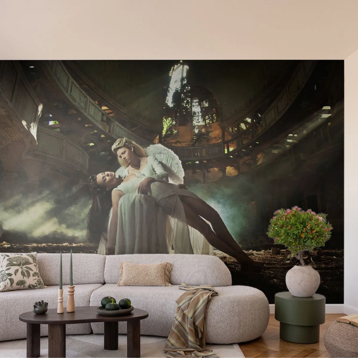 Fototapet Selvklæbende Deluxe Sticker - Ånden i det gamle teater - Kvinde, Engel, Stykke - 500x350 cm