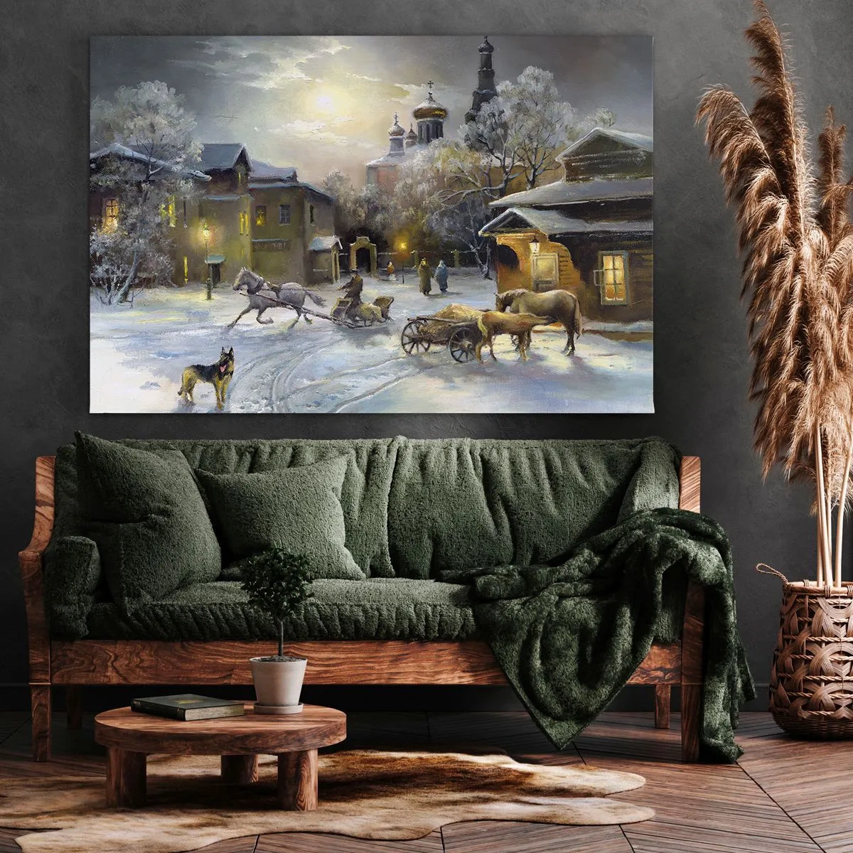 Lærredstryk - Billede på lærred - Vinterlandskab i en russisk by med en kane og en kirke - 70x50cm - Den russiske vinters magi - Moderne vægdekoration til stue og soveværelse ARTTOR