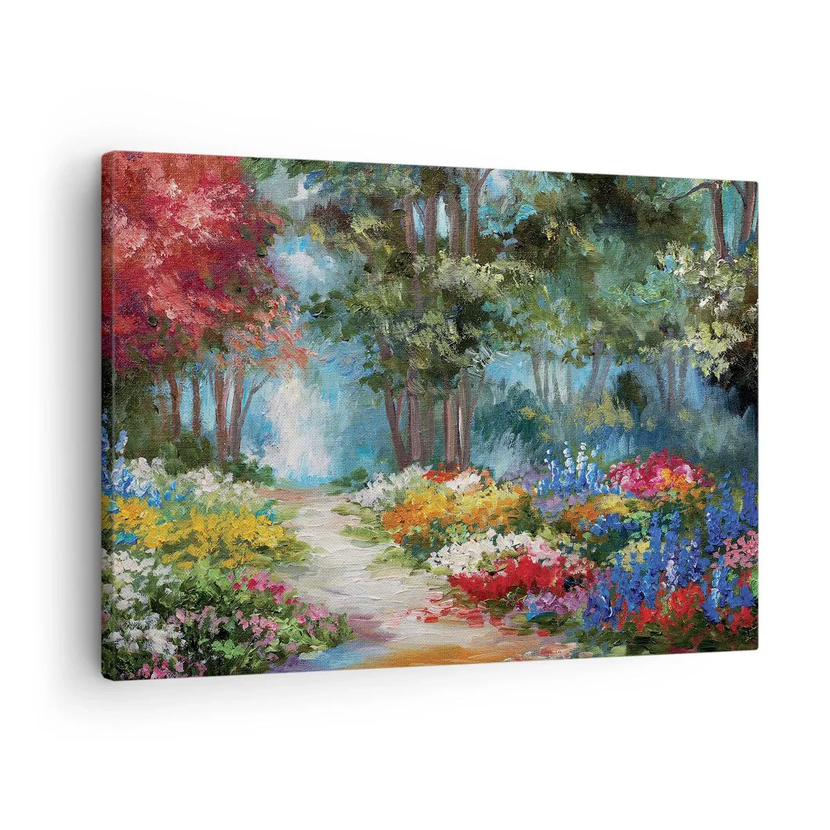 Lærredstryk - Billede på lærred - En malerisk have fuld af farverige blomster og træer i skovomgivelser - 70x50cm - Skovhave, blomsterskov - Moderne vægdekoration til stue og soveværelse ARTTOR