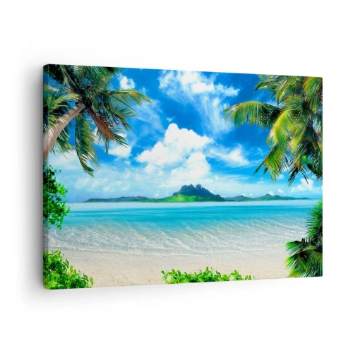 Lærredstryk - Billede på lærred - Tropisk strand med palmer og udsigt over øen - 70x50cm - Azur i troperne - Moderne vægdekoration til stue og soveværelse ARTTOR