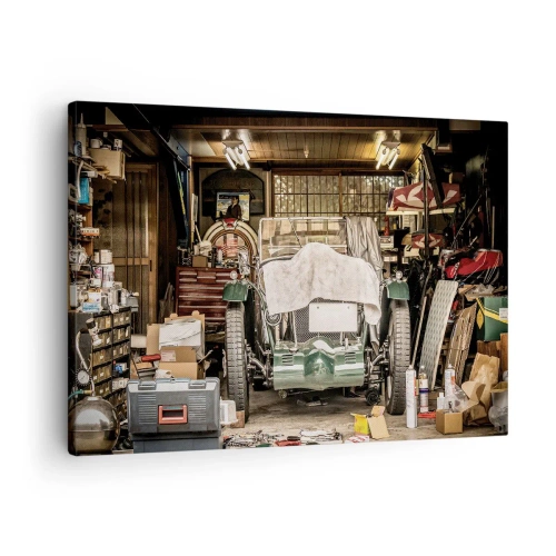 Lærredstryk - Billede på lærred - En gammel bil i en garage omgivet af værktøj og udstyr - 70x50cm - Tilbage til fortiden - Moderne vægdekoration til stue og soveværelse ARTTOR