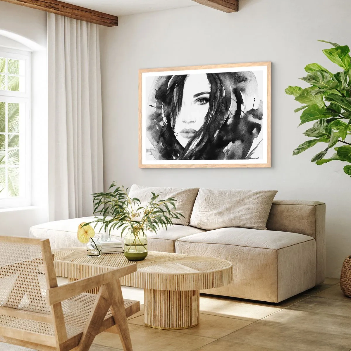 Plakat i ramme af lyst egetræ - Portræt af en dame i sort og hvidt - 50x40 cm