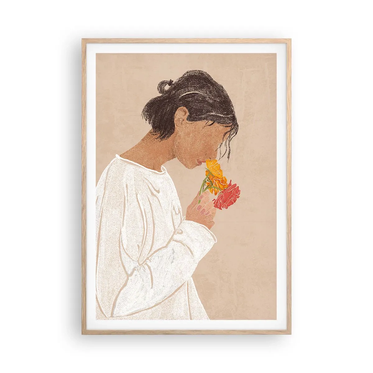Plakat i ramme af lyst egetræ - Pige og blomster - 70x100 cm