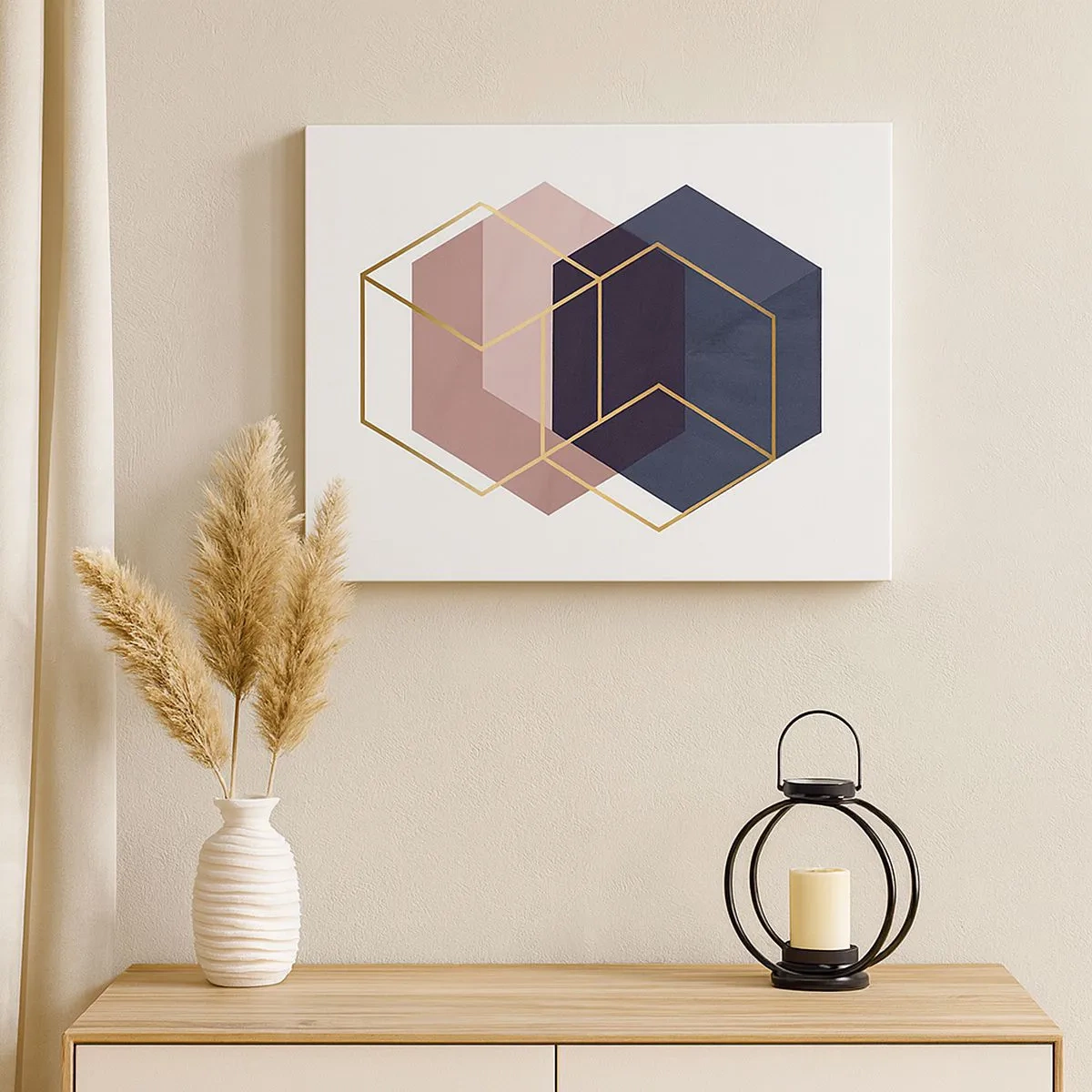 Lærredstryk - Billede på lærred - Geometriske former i gyldne linjer på en pastelfarvet baggrund - 70x50cm - Styrken ved enkelhed - Moderne vægdekoration til stue og soveværelse ARTTOR