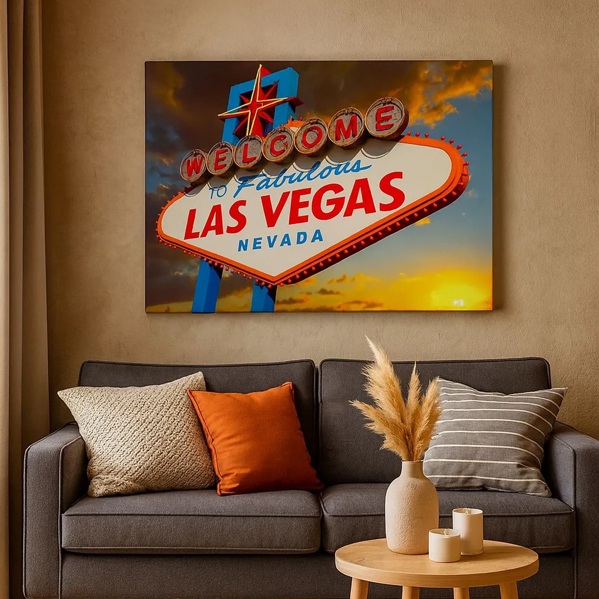 Lærredstryk - Billede på lærred - Det berømte Welcome to Fabulous Las Vegas-skilt ved solnedgang - 70x50cm - For et smil fra skæbnen - Moderne vægdekoration til stue og soveværelse ARTTOR