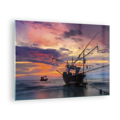 Billede på glas - Fiskerbåde på havet ved solnedgang - 70x50cm - En eksotisk aften - Moderne vægdekoration til stue og soveværelse ARTTOR