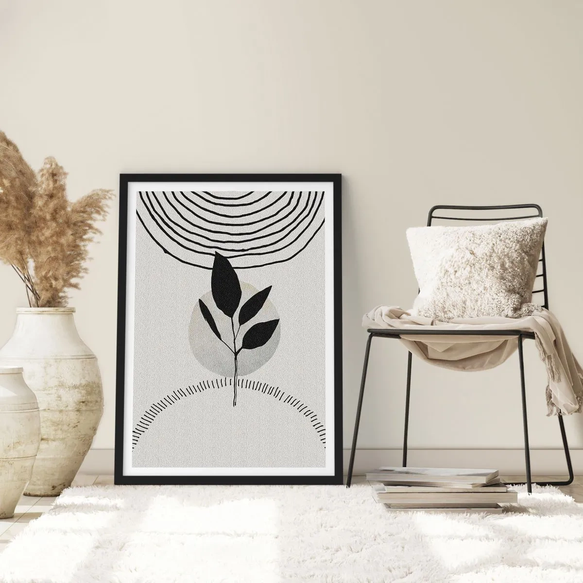 Plakat i sort ramme - Minimalistisk bladillustration med geometriske mønstre - 50x70cm - Komposition: naturens ritualer - Moderne vægdekoration til stue og soveværelse ARTTOR