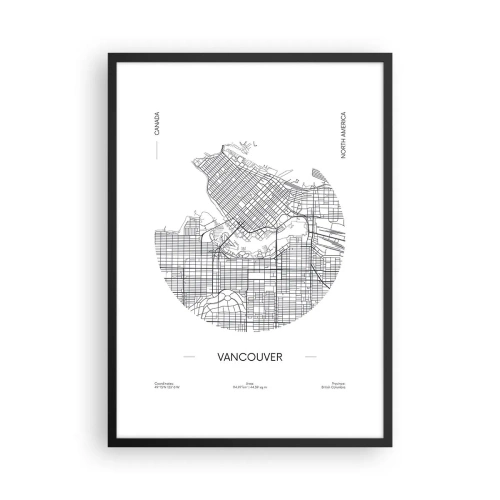 Plakat i sort ramme - Et minimalistisk sort-hvidt kort over Vancouver - 50x70cm - Anatomi af Vacouver - Moderne vægdekoration til stue og soveværelse ARTTOR