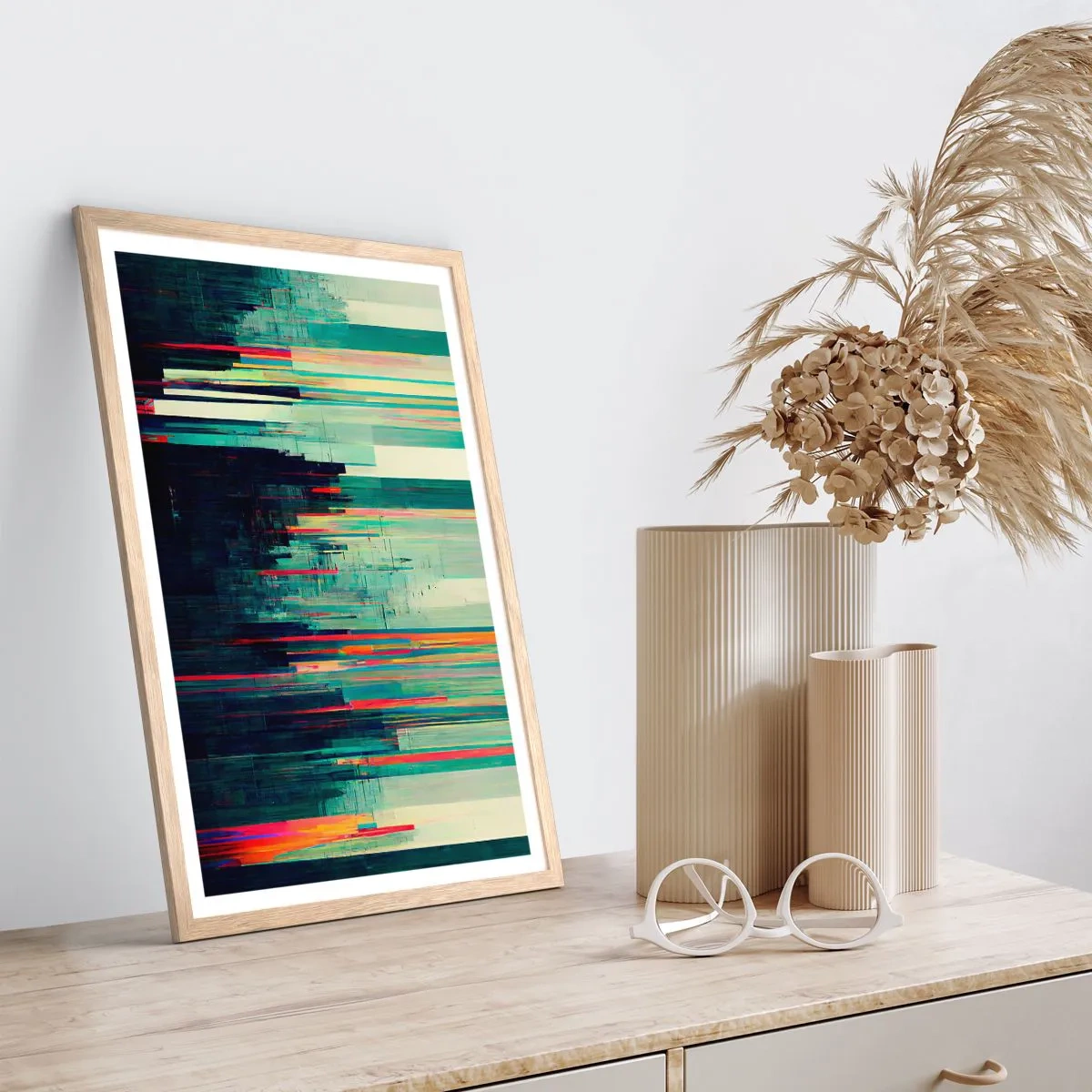 Plakat i ramme af lyst egetræ - Futuristisk by - 70x100 cm