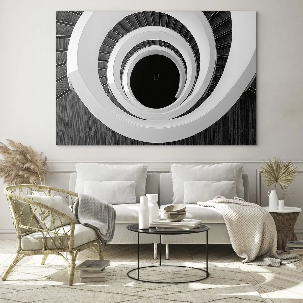 Billede på glas - Sort og hvid vindeltrappe set ovenfra - 70x50cm - Til sagen - Moderne vægdekoration til stue og soveværelse ARTTOR