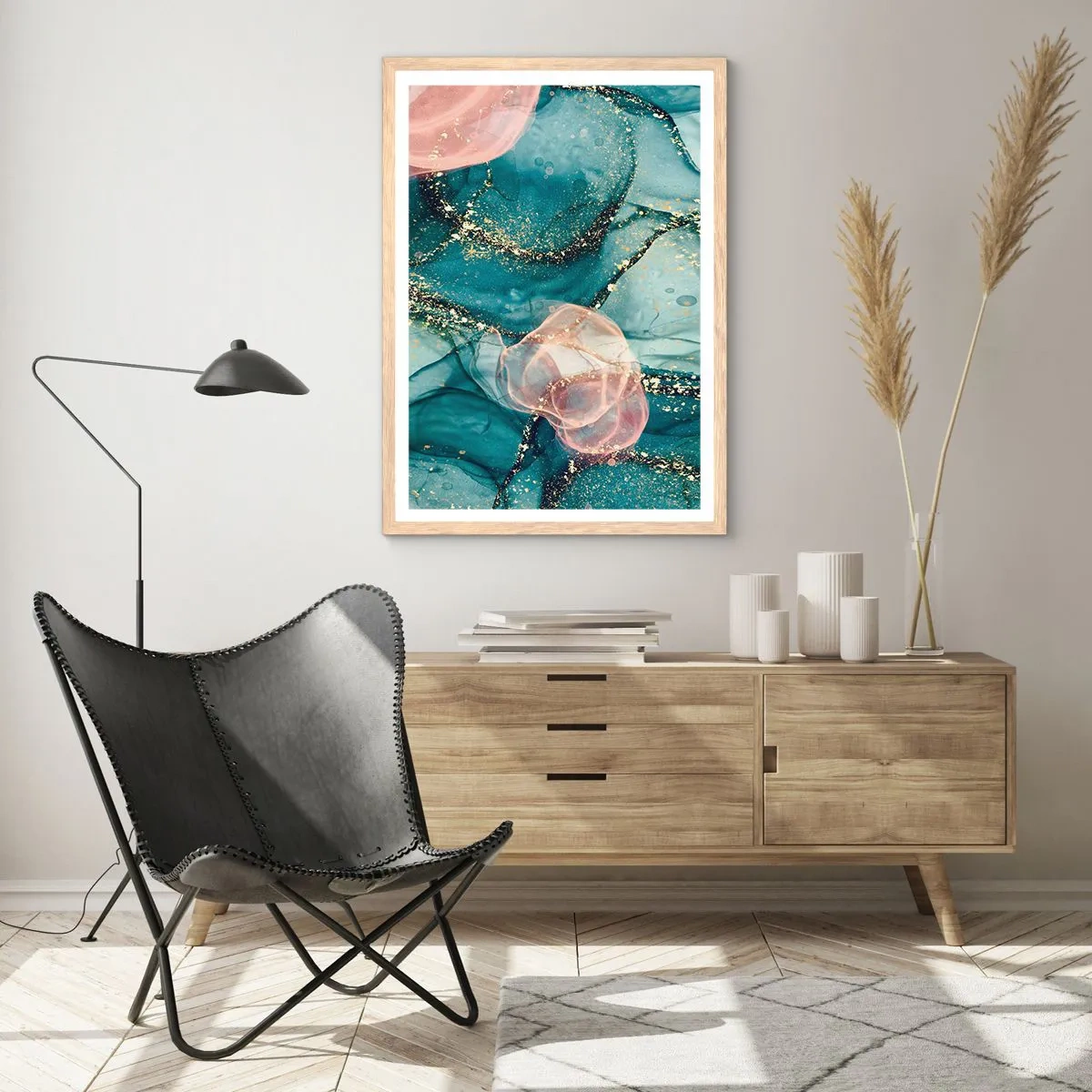 Plakat i ramme af lyst egetræ - Silkeblå, tyl lyserød - 30x40 cm