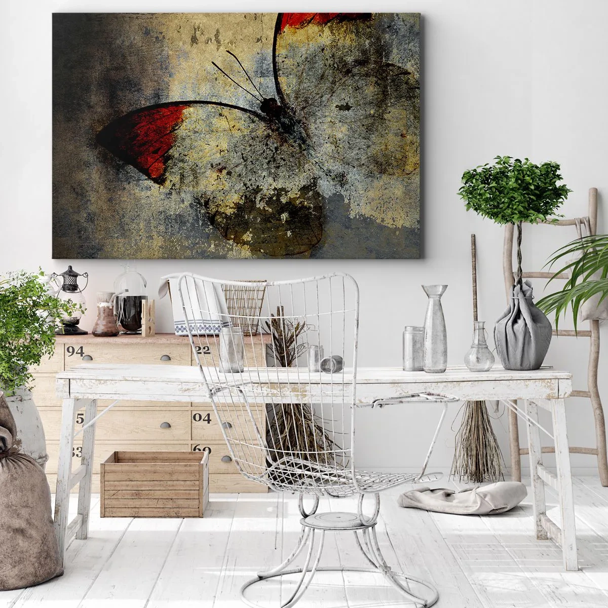 Lærredstryk - Billede på lærred - En sommerfugl i nuancer af rød og grå på en tekstureret baggrund - 70x50cm - Se, før jeg forsvinder - Moderne vægdekoration til stue og soveværelse ARTTOR