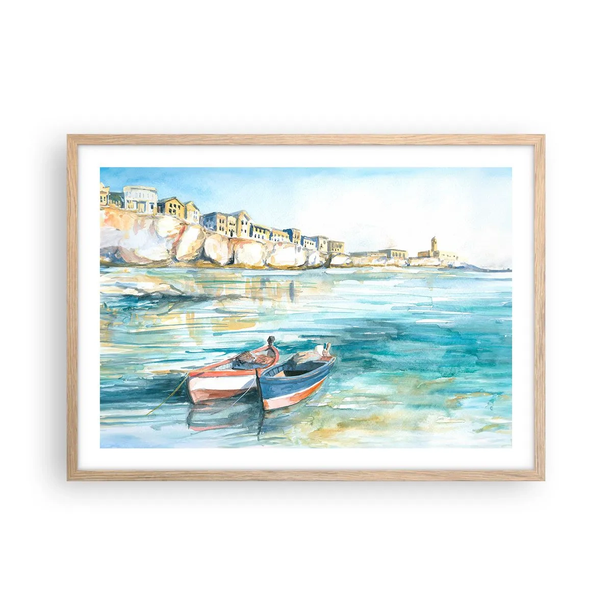 Plakat i ramme af lyst egetræ - Landskab i azurblå - 70x50 cm