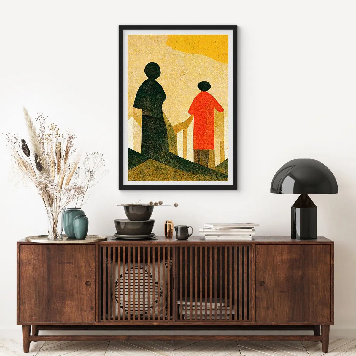 Plakat i sort ramme - Geometriske silhuetter af figurer mod baggrunden af et abstrakt landskab - 50x70cm - Stadig langt væk - Moderne vægdekoration til stue og soveværelse ARTTOR