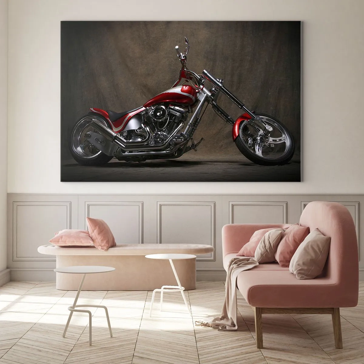 Billede på glas - Rød specialmotorcykel på en mørk baggrund - 70x50cm - Rød og sølvfarvet skønhed - Moderne vægdekoration til stue og soveværelse ARTTOR