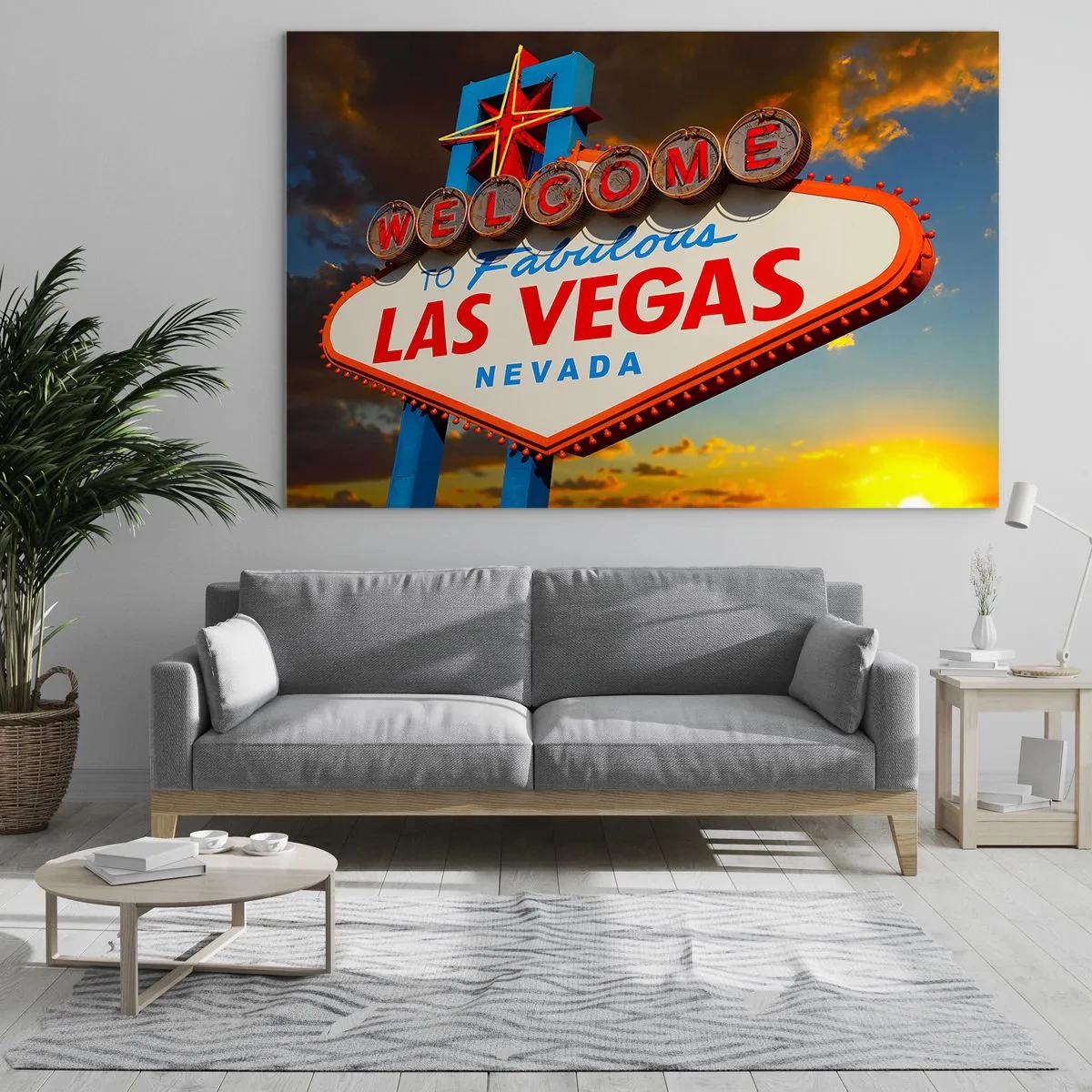 Billede på glas - Velkomstskilt i Las Vegas mod den nedgående sol - 70x50cm - For et smil fra skæbnen - Moderne vægdekoration til stue og soveværelse ARTTOR