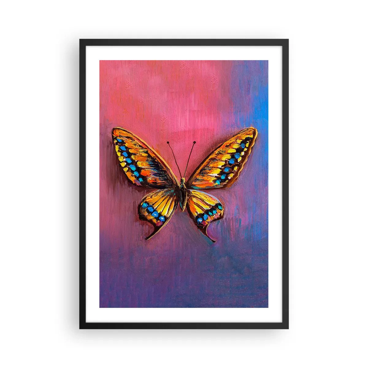 Plakat i sort ramme - En farverig sommerfugl på en kunstnerisk baggrund med intense farver. - 50x70cm - Naturens juvel - Moderne vægdekoration til stue og soveværelse ARTTOR