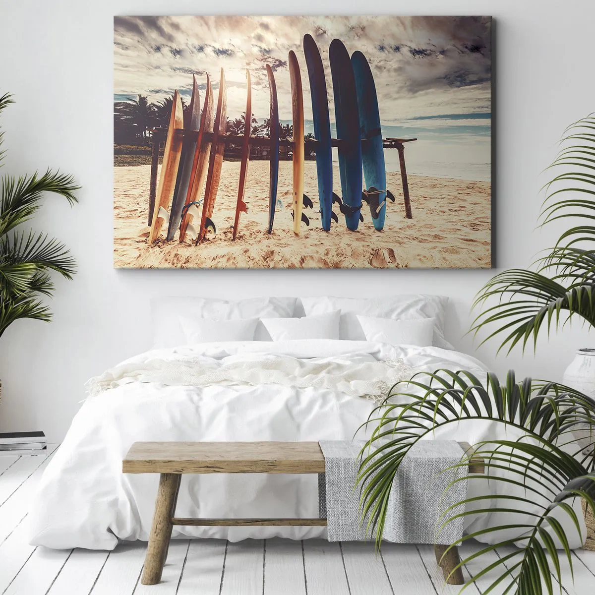Lærredstryk - Billede på lærred - Surfbrætter på stranden ved solnedgang - 70x50cm - Godnat, indtil i morgen - Moderne vægdekoration til stue og soveværelse ARTTOR