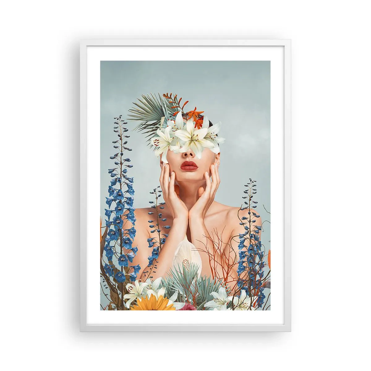 Plakat i hvid ramme - Kvinde blomst - 50x70 cm
