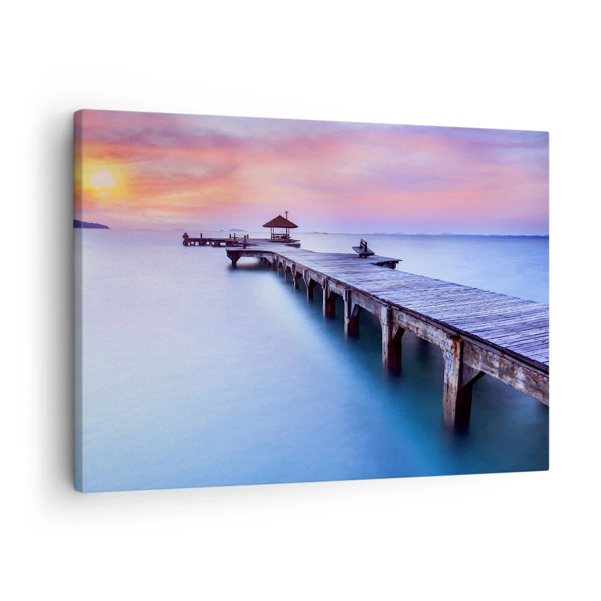 Lærredstryk - Billede på lærred - Træmole, der fører ud til vandet under solnedgang - 70x50cm - Et hav af ro til horisonten - Moderne vægdekoration til stue og soveværelse ARTTOR