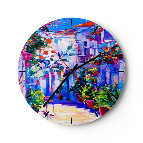 Vægur, Uret - En charmerende terrasse fuld af blomster i intense farver - 30x30cm - Impression - Italiensk gade - Moderne vægdekoration til stue, køkken og soveværelse ARTTOR