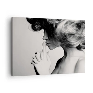 Lærredstryk - Billede på lærred - Sort-hvid profil af en kvinde, der gestikulerer stilhed - 70x50cm - Lyt til sig selv - Moderne vægdekoration til stue og soveværelse ARTTOR