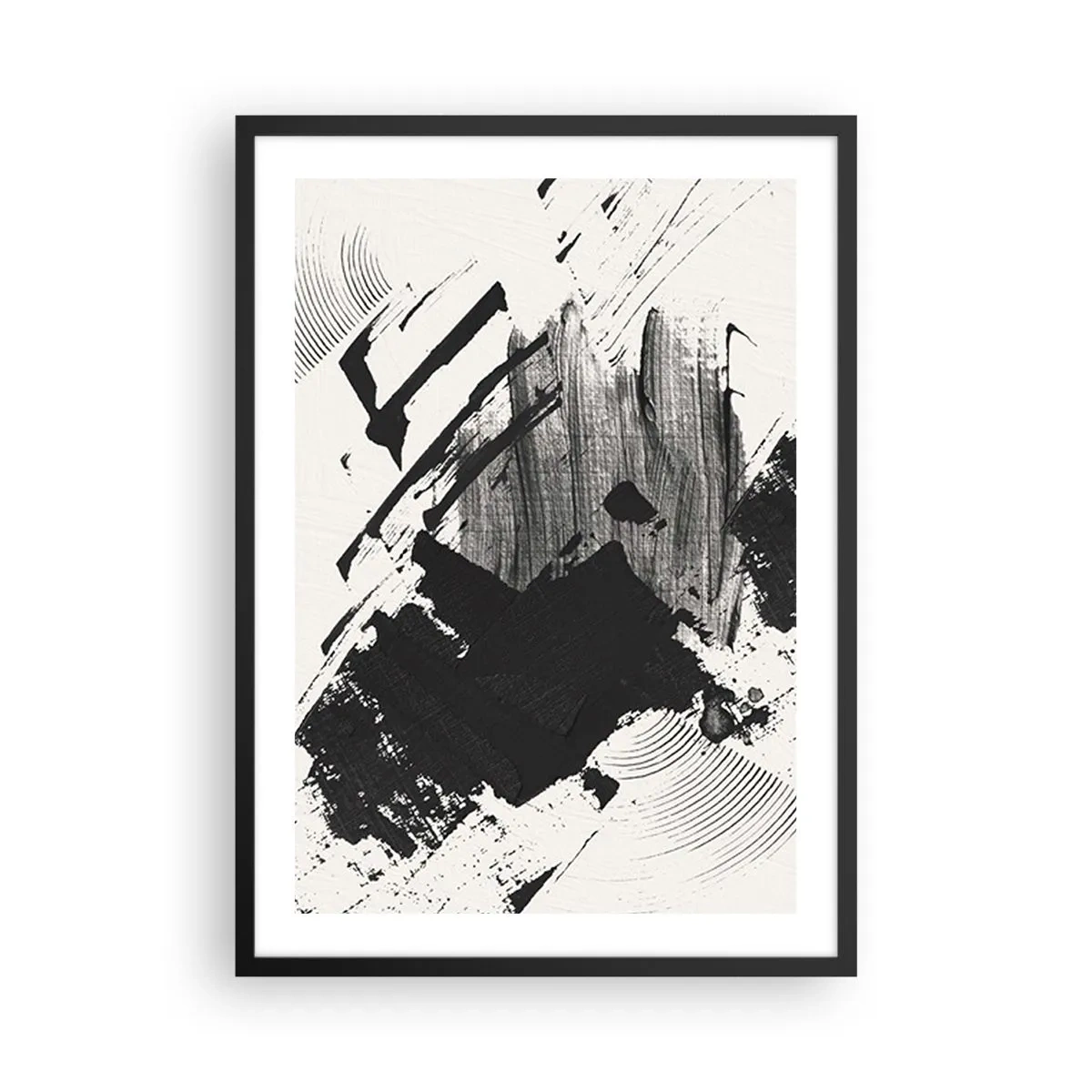 Plakat i sort ramme - Abstrakte sorte og hvide penselstrøg - 50x70cm - Abstraktion - det sortes udtryk - Moderne vægdekoration til stue og soveværelse ARTTOR