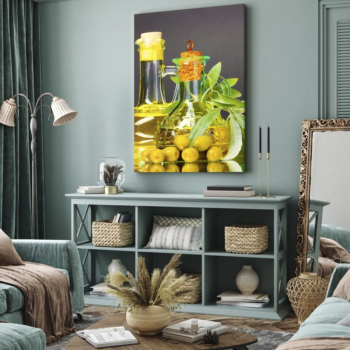 Lærredstryk - Billede på lærred - Stilleben med oliven og olie - 45x80 cm