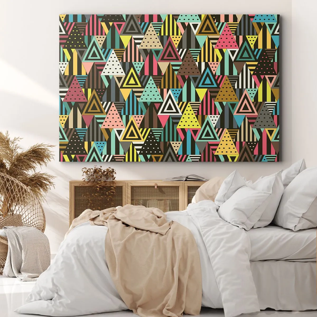 Lærredstryk - Billede på lærred - Farverigt geometrisk mønster med trekanter og linjer - 70x50cm - I takt på tre - Moderne vægdekoration til stue og soveværelse ARTTOR