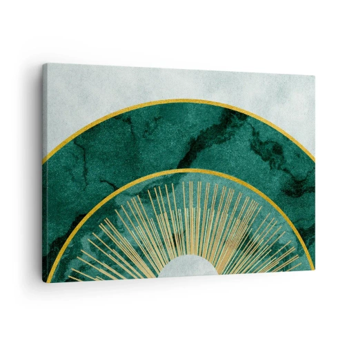 Lærredstryk - Billede på lærred - Abstrakt mønster med cirkler i smaragd- og guldfarver. - 70x50cm - Et anderledes solsystem - Moderne vægdekoration til stue og soveværelse ARTTOR