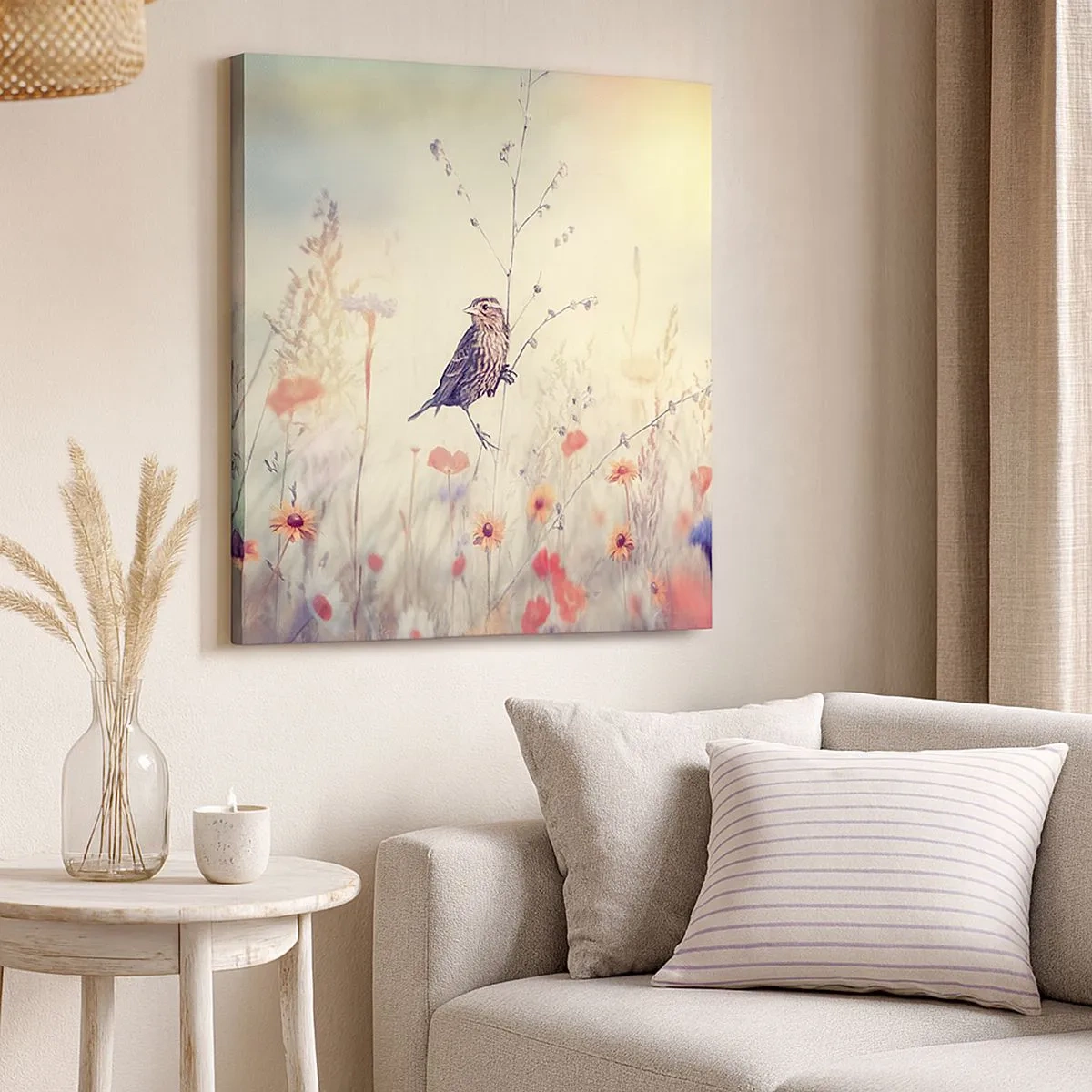 Lærredstryk - Billede på lærred - Fugleportræt med en eng i baggrunden - 30x30 cm