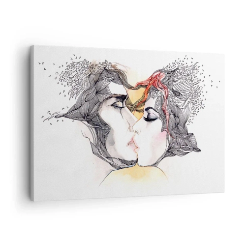 Lærredstryk - Billede på lærred - Kunstnerisk portræt af et par med abstrakte hårmotiver - 70x50cm - Verden eksisterer ikke - Moderne vægdekoration til stue og soveværelse ARTTOR